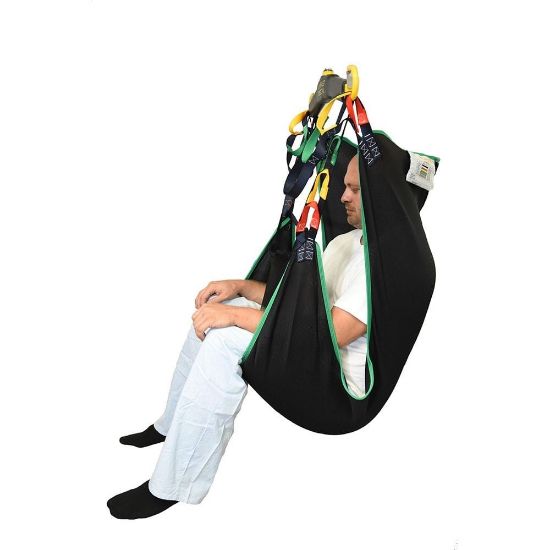 Picture of Inovi Reusable Comfort Sling, loop connector  Comfort Recline (spacer material) hourglass shap w/ pleats at hips, straps at shoulders, legs & loop in between legs